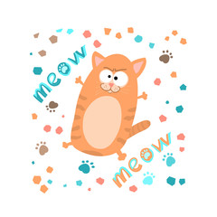 Cunning striped ginger cat spread its legs to the sides, handwritten lettering meow, in cartoon style, doodle for children's textiles, t-shirts or postcards.