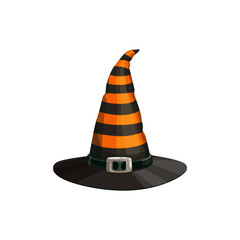 Halloween headdress, striped witch hat with buckle isolated. Vector cartoon headdress, wizard or witch cap