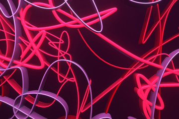 Decorative, illustrations, messy colorful string neon grow lights, for design texture background. 3D render.