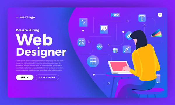 Flat Design Concept We Are Hiring Web Designer. Landing Page Template Design For Hiring Web Design People. Vector Illustrations.