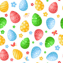 Easter Day - seamless pattern with easter eggs, flowers on white background, colorful background or endless texture for textile decoration, ideal for fabric, wrapping, scrapbooking paper - vector