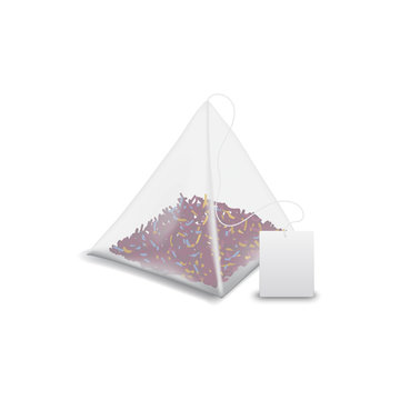 Teabag Pyramid With Label Isolated Floral Or Fruit Tea Pack Mockup. Vector Tea Bag With Blank Tag