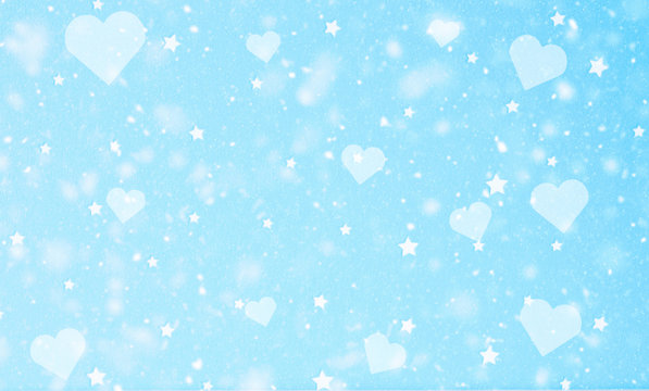 light blue snowfall, love heart and star background