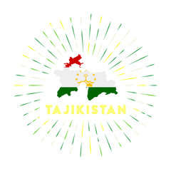 Tajikistan sunburst badge. The country sign with a map of Tajikistan and the Tajik flag. Colorful rays around the logo. Vector illustration.