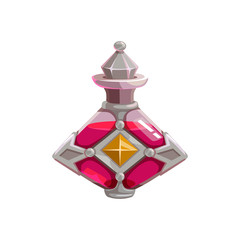 Witchcraft elixir in rhomb shaped bottle isolated. Vector magic sorcery mixture, Halloween symbol