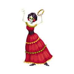 Mexican woman dancer with catrina calavera skull isolated. Vector woman with tambourine, Mexico dress