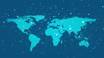 Hintergrund der digitalen globalen Netzwerksystemtechnologie, Design von Verbindungs- und Kommunikationskonzepten, Vektorillustration. © Varunyu