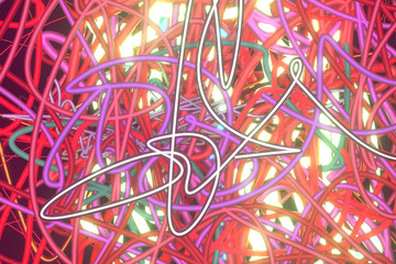 Illustrations of messy colorful string, neon grow lights for graphic design or wallpapers. 3D render.