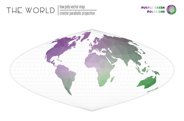 Abstract world map. Craster parabolic projection of the world. Purple and Green colored polygons. Trending vector illustration.