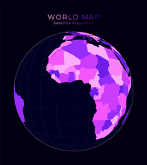 World Map. Satellite (tilted perspective) projection. Digital world illustration. Bright pink neon colors on dark background. Amazing vector illustration.