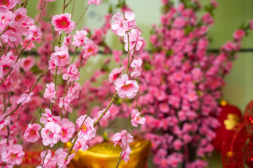 artificial peach blossoms on branch