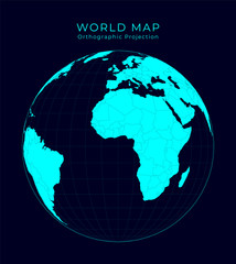 Map of The World. Orthographic projection. Futuristic Infographic world illustration. Bright cyan colors on dark background. Elegant vector illustration.