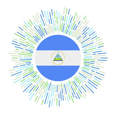 Nicaragua sign. Country flag with colorful rays. Radiant sunburst with Nicaragua flag. Vector illustration.