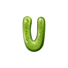 U capital letter isolated alphabet font of kiwi with water splashes. Vector u ABC sign of tropical food