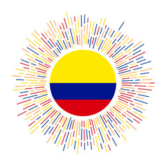 Colombia sign. Country flag with colorful rays. Radiant sunburst with Colombia flag. Vector illustration.