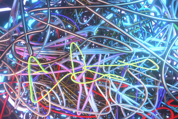 Background abstract, messy colorful string neon grow lights for design, graphic resource. 3D render.