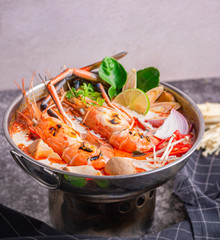 Tom yum kung. Thai food style Seafood Hot Pot. Traditional Thai style food