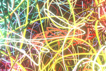 Abstract, messy colorful string neon grow lights. Wallpaper for graphic design. 3D render.