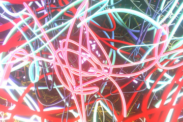 Neon grow lights, messy colorful string for design texture, background. 3D render.