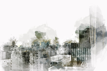 Abstract offices Building in the city on watercolor painting background. City on Digital illustration brush to art.