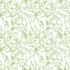 Naklejka na ściany i meble Tropical floral seamless pattern. . Linear graphic. White background. Vector illustration for fabric design, packaging, cards, banners, greeting cards.