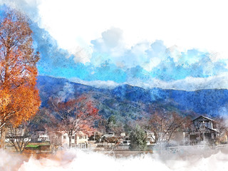Abstract colorful mountain range in Japan on watercolor illustration painting background.