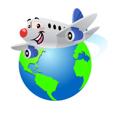 happy cartoon airplane flying around the globe