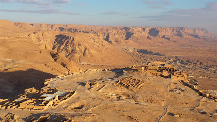 Fototapeta na wymiar Drone View of Masada National Park at sunrise, Dead sea, Israel Masada - Aerial footage of the ancient fortification in the Southern District of Israel