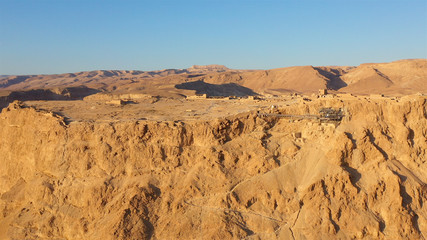 Drone View of Masada National Park at sunrise, Dead sea, Israel Masada - Aerial footage of the...