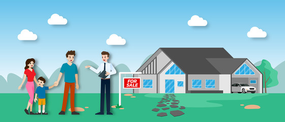 Obraz na płótnie Canvas The realtor shows and presenting the new beautiful modern Real Estate for sale to client with family. Vector illustration in flat design.
