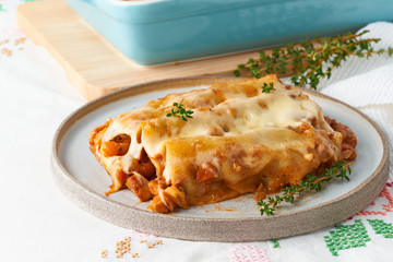 Cannelloni pasta with filling of ground beef, tomatoes, baked with bechamel tomato sauce and mozzarella. Classical Italian cuisine, white tablecloth with embroidery, rustic style, side view