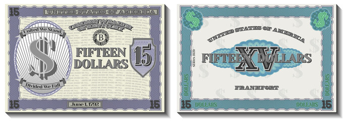 A fictional US banknote of $ 15 is dedicated to the state of Kentucky. Guilloche frame