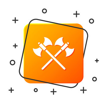 recommend clip art: White Crossed medieval axes icon isolated on white background. Battle axe, executioner axe. Orange square button. Vector Illustration