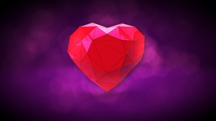 3D rendering Red heart plexus polygon on a bokeh purple background.