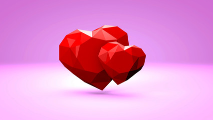 3d rendering. abstract two red polygon shape hearts on pink and white background. Happy Valentine's Day.