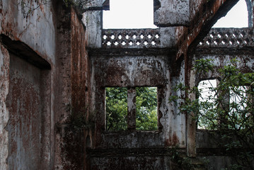 Decay ruins of burned and abandoned old French church in Vietnam, urbex 