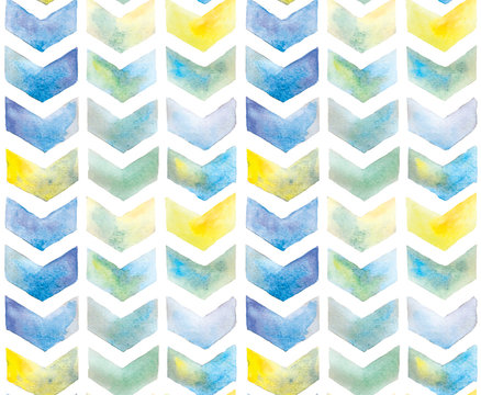 stock illustration chevron seamless pattern. watercolor zigzag chevron ornament isolated on white background. Bright colors blue and yellow with a gradient. Watercolor chevron texture background.