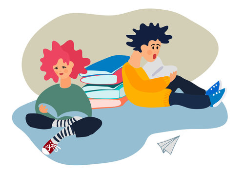 Girl and boy reading books on a floor. Vector illustration. Flat style, isolated design element