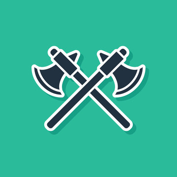 recommend clip art: Blue Crossed medieval axes icon isolated on green background. Battle axe, executioner axe. Vector Illustration