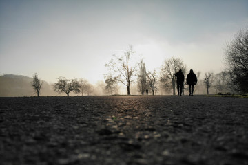 Spaziergänger vor Bäumen und Nebel