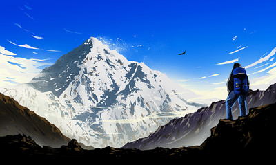 Alpinist in Front of big Mountain Illustration - obrazy, fototapety, plakaty