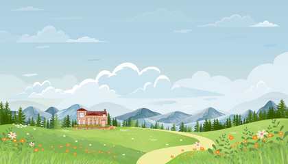 Panorama view of spring village with green meadow on hills with blue sky, Vector Summer or Spring landscape, Panoramic countryside landscape green field with grass flowers on mountains and farmhouse.