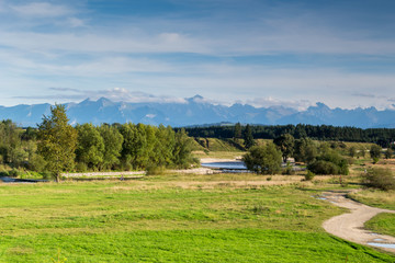View of the Czarny Dunajec river and distant mountains.