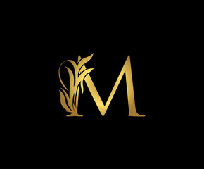 Gold M Luxury Logo Icon, Classic M Floral Letter Logo Design.
