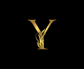 Gold Y Luxury Logo Icon, Classic Y Floral Letter Logo Design.