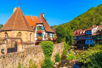 Colorful houses on street in picturesque Kintzheim village, Alsace Wine Route, France