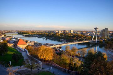 Bratislava, Slovakia. 2019/11/4. The SNP bridge spanning the river Danube in Bratislava. SNP is a Slovak abbreviation for Slovak National Uprising.