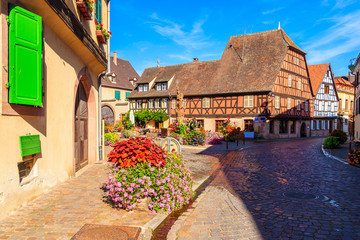 Beautiful traditional colorful houses in picturesque Kientzheim village, Alsace wine region, France