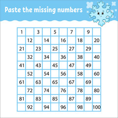 Paste the missing numbers. Handwriting practice. Learning numbers for kids. Education developing worksheet. Activity page. Game for children. Isolated vector illustration in cute cartoon style.