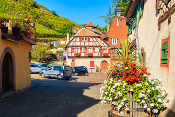 Beautiful traditional colorful houses in picturesque Ribeauville village, Alsace wine region, France